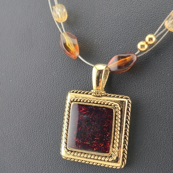 Vintage Gold Tone Pendant Necklace Multi-Strand Wire Beaded Amber Glass Look - Picture 7 of 8